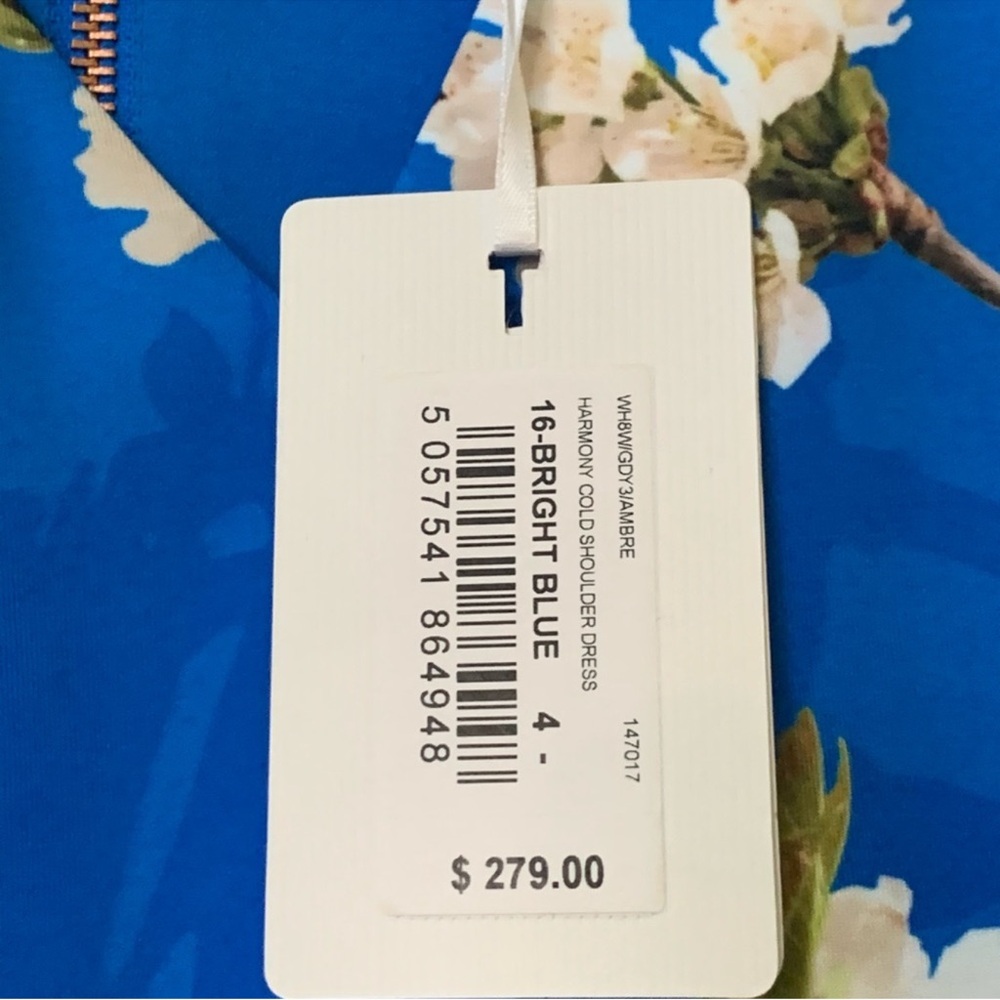 NWOT- Ted Baker Blue Floral Cold-Shoulder Dress Size 5 (10/12) - Picture 10 of 12